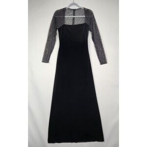 JS Boutique Dress Womens 6 Black Velvet Beaded Sheer Sleeve Evening Formal Gown